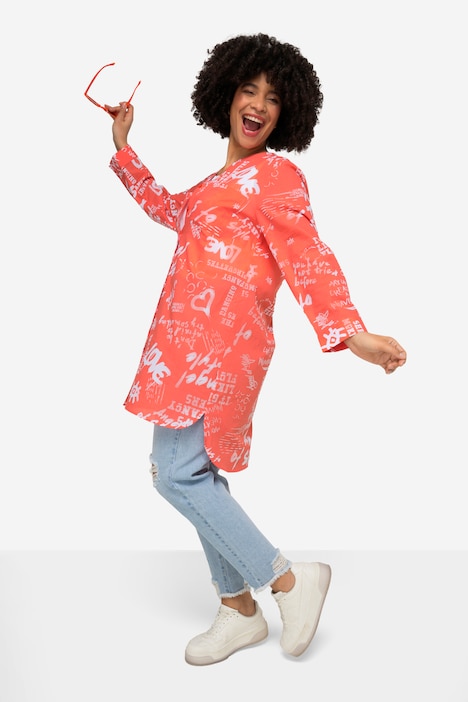 Longbluse, A-Line, Graffitti-Muster, Tunika-Ausschnitt, Langarm
