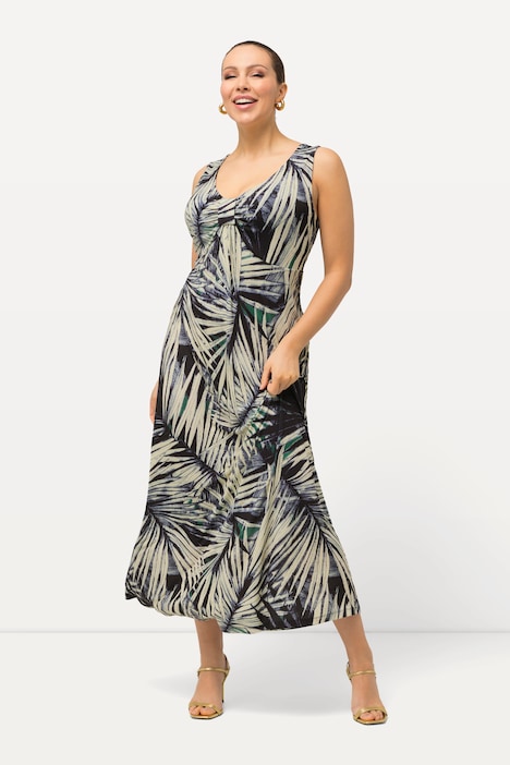 Midikleid, Palmenblätter, A-Linie, V-Ausschnitt, ärmellos