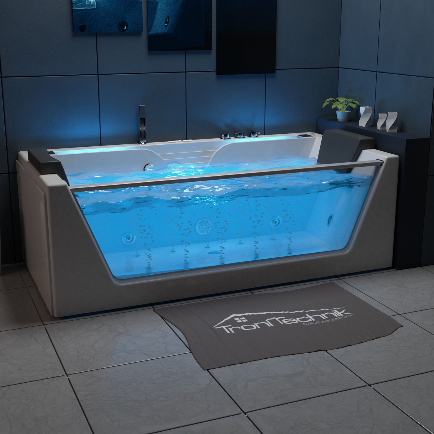 TroniTechnik® Whirlpool Badewanne KOS 2 179cm x 85cm mit Heizung, Hydromassage, Bachlauf und Farblichtherapie, Sanitäracryl