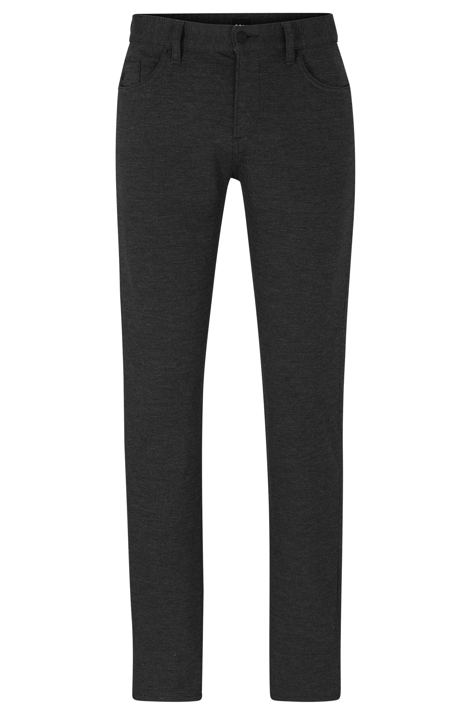 Calça jeans BOSS preta, corte slim, em malha elástica escovada com microestampa.