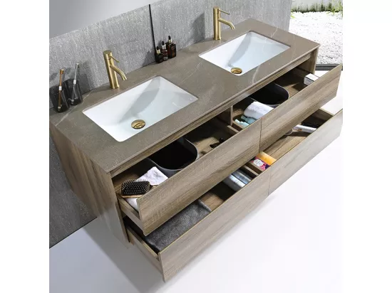 Meuble salle de bain double vasque 120cm bois et effet marbre marron avec miroir LED LB-8475M-120