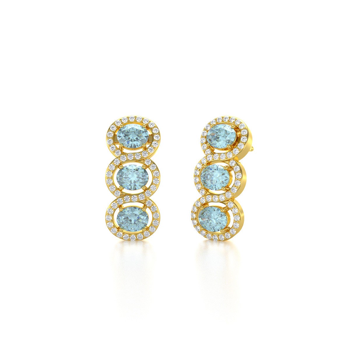 Boucles d'oreilles ADEN Or 585  Jaune Aigue-Marine forme Ovale et Diamants 4.55grs