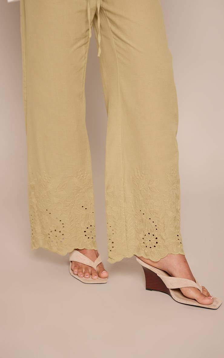 Vert Olive Pantalon Droit À Cordon Avec Détail Broderie Anglaise