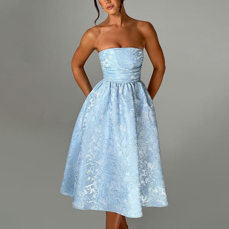 Alizio - Strapless Floral Jacquard Midi A-lijn Feestjurk
