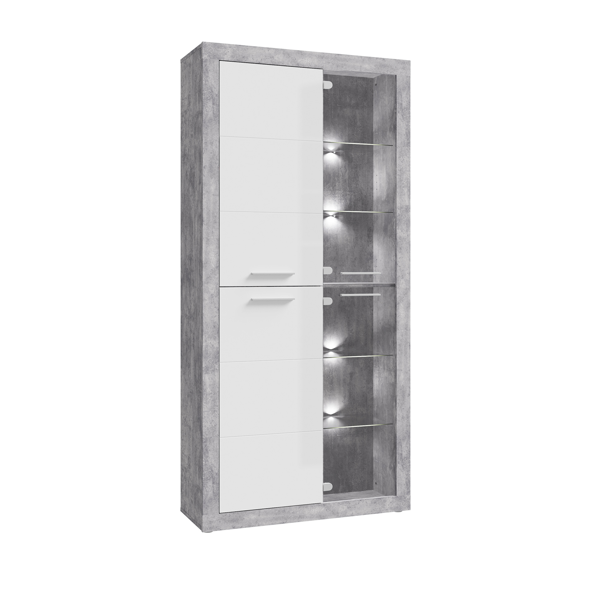 Vitrine - Betonoptik - weiß Hochglanz - mit Beleuchtung