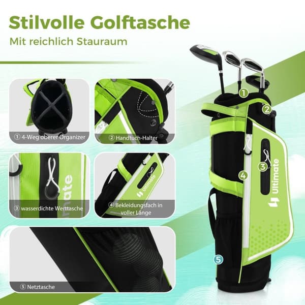 4-delt barnegolfkøllesett med golfbag og regntrekk for barn i alderen 5-7 år green
