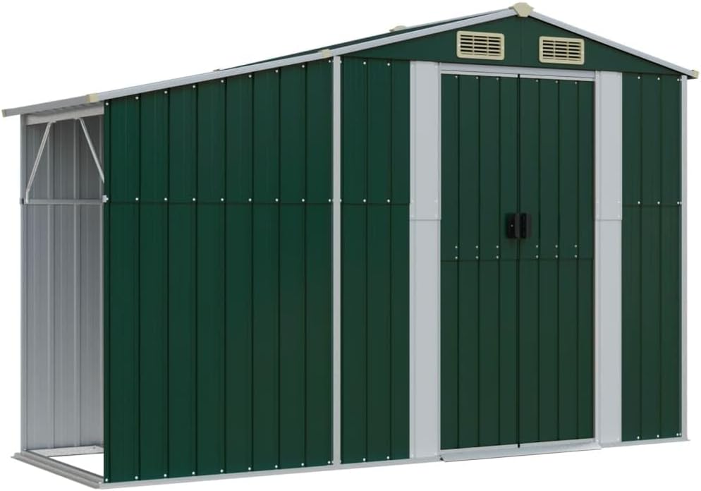 vidaXL Gerätehaus, Gartenhaus mit Schrägdach Griffe, Gartenschuppen Schuppen mit Stauraum, Geräteschuppen Metallschuppen, Grün 277x192,5x179 cm Verzinkter Stahl