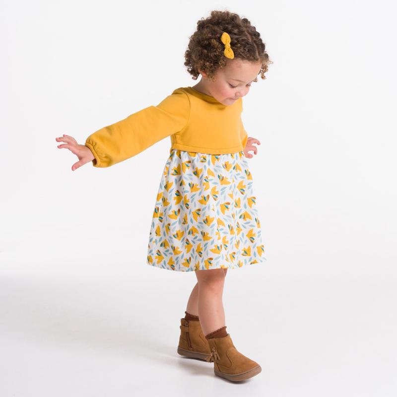 Robe bi-matière imprimée oiseaux jaune bébé fille Jaune