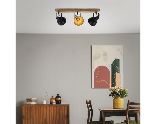 Plafondspot, 3-lichts, L 50 cm, buitenkant zwart, binnenkant goud