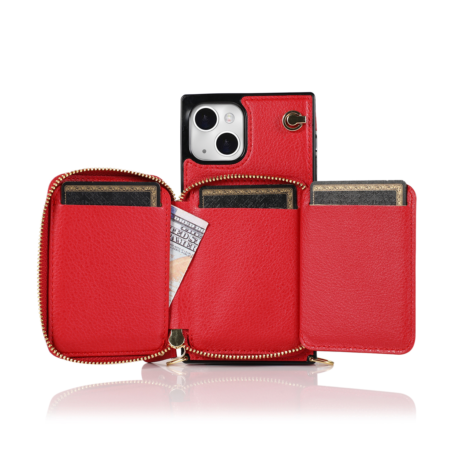 iPhone 13 Necklace Leder Schutz Hülle mit Kartenfächer   Handykette (140cm) - Rot