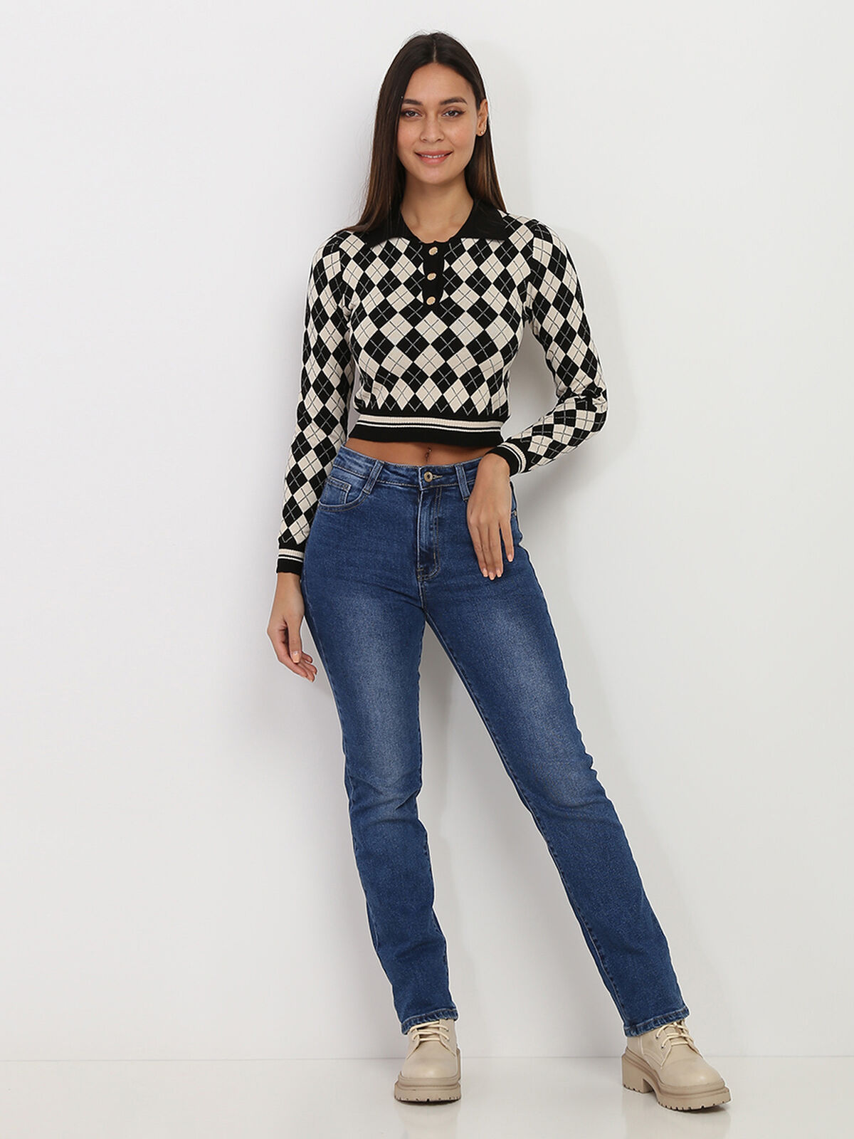 Pull à col Polo en motif losanges- Noir