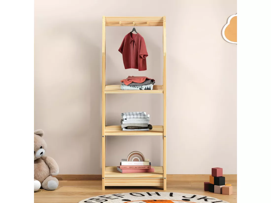 Étagère à vêtement Enfant SALLY en Pin Massif, Dressing Enfant avec Tringle à Vêtements, Penderie Enfant Montessori, Coloris naturel