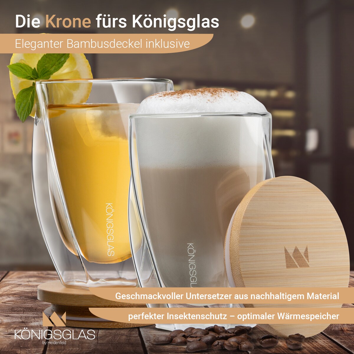 Königsglas Swing, Tee-/Kaffeegläser by Heidenfeld, 250/350 ml, Bambusdeckel, doppelwandig, Set (2er Set, 250 ml)