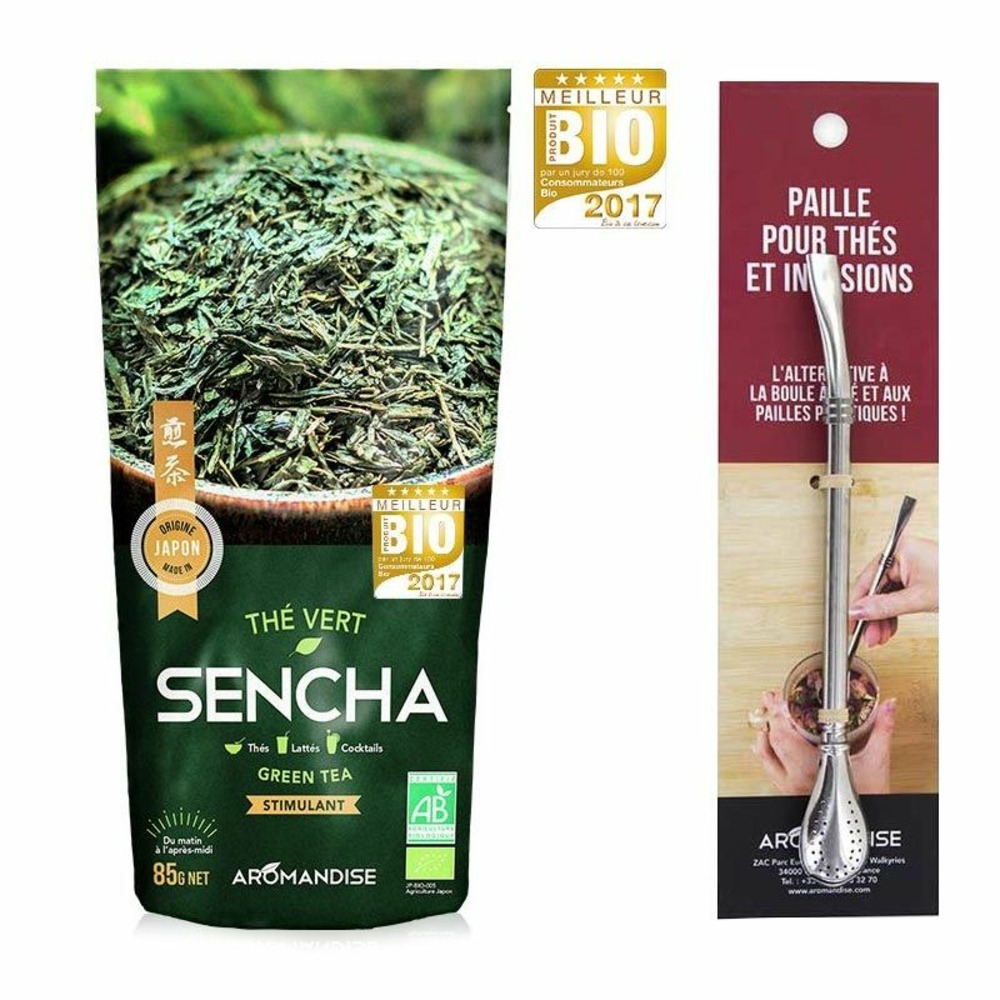 Thé vert bio sencha japonais + paille inox avec filtre