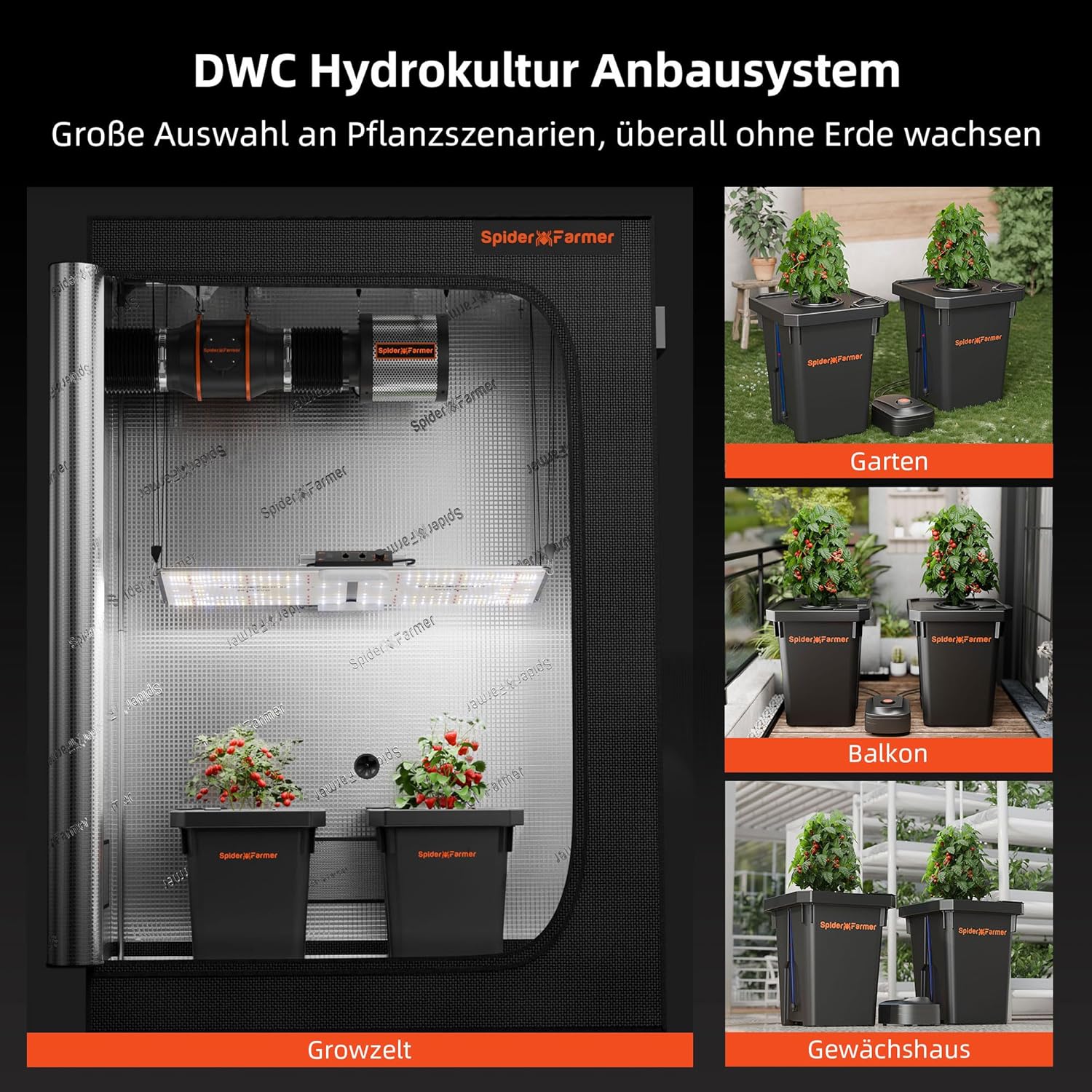 Spider Farmer DWC Hydrokultur Anbausystem mit 27 Liter/7 Gallonen Tiefwasserkultur, Neues Dreieckige Abdeckung Design, Umwälzendes Drip Garden System mit Topf-Tropfkit, 8W Luftpumpe, 2 Eimer