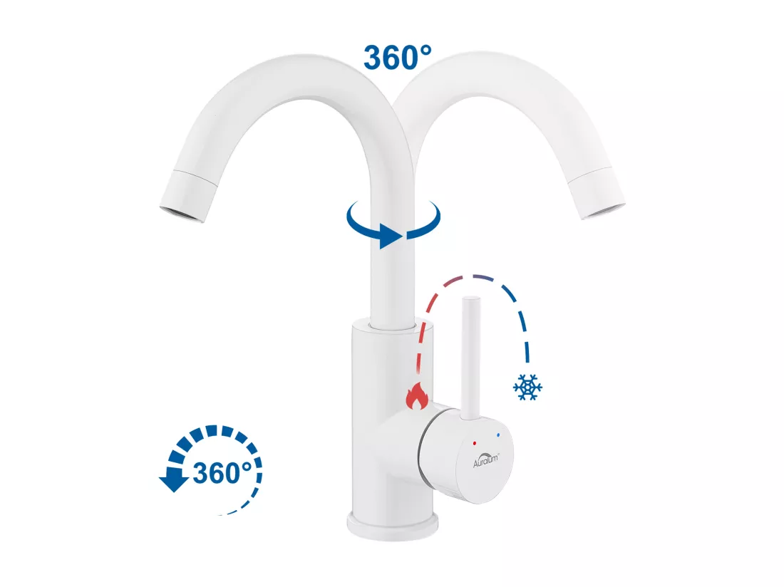 Mitigeur Lavabo, AuraLum Max Robinet Lavabo Haut Pivotant à 360°, Robinet Lavabo Salle de Bain Monocommande avec Aérateur Démotable, Blanc,EU Modèle