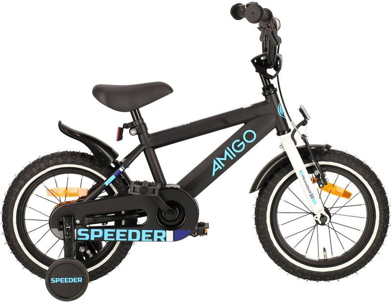 AMIGO Speeder Jongensfiets - 14 Inch 24 cm - Kinderfiets voor Jongens - Terugtraprem - Zwart/Blauw
