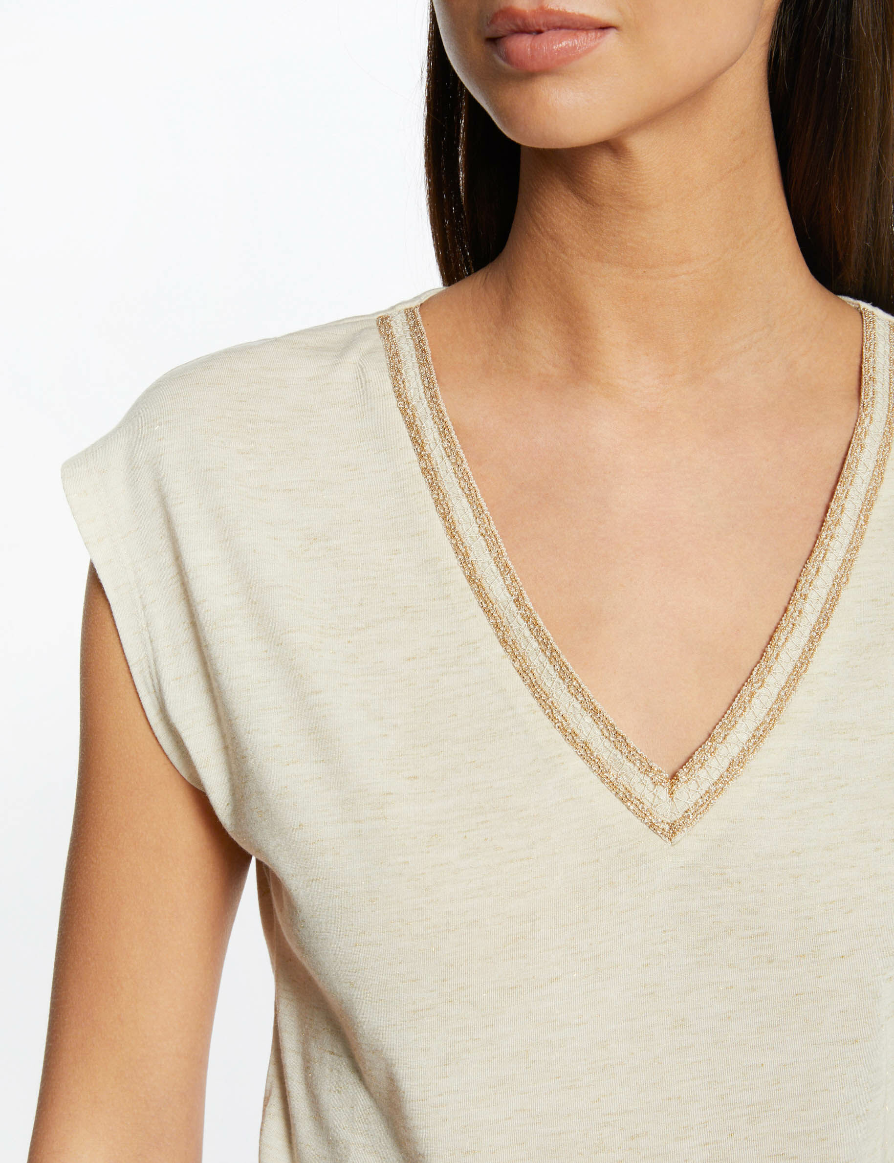 T-shirt manches courtes à col en V sable femme - sable