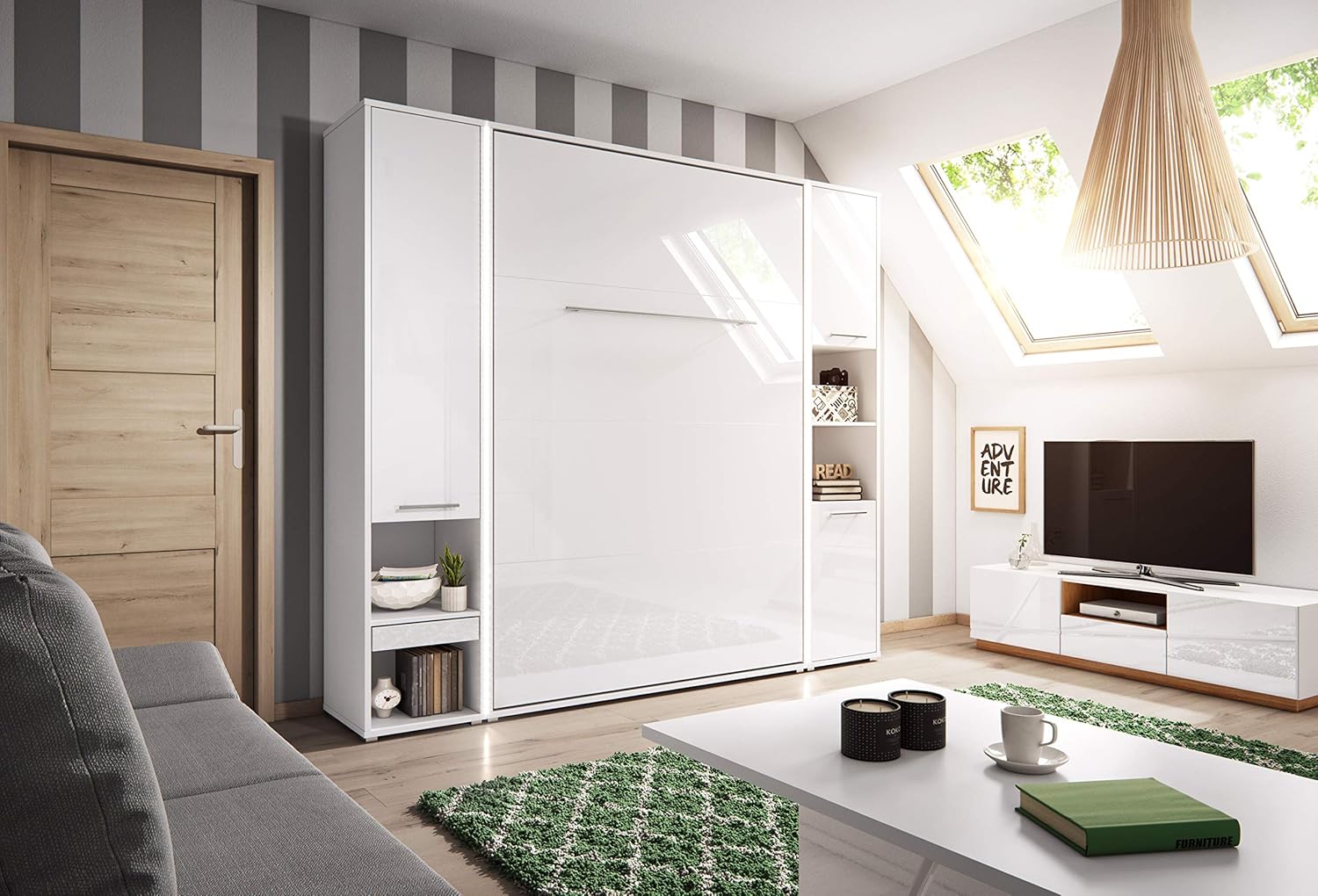 BIM Furniture Wandbett Vertical Schrankbett LENART Concept PRO Wandklappbett, Schrankklappbett Wandbett, Schrank mit integriertem Klappbett, Funktionsbett (Weiß Matt, 140 x 200 cm)