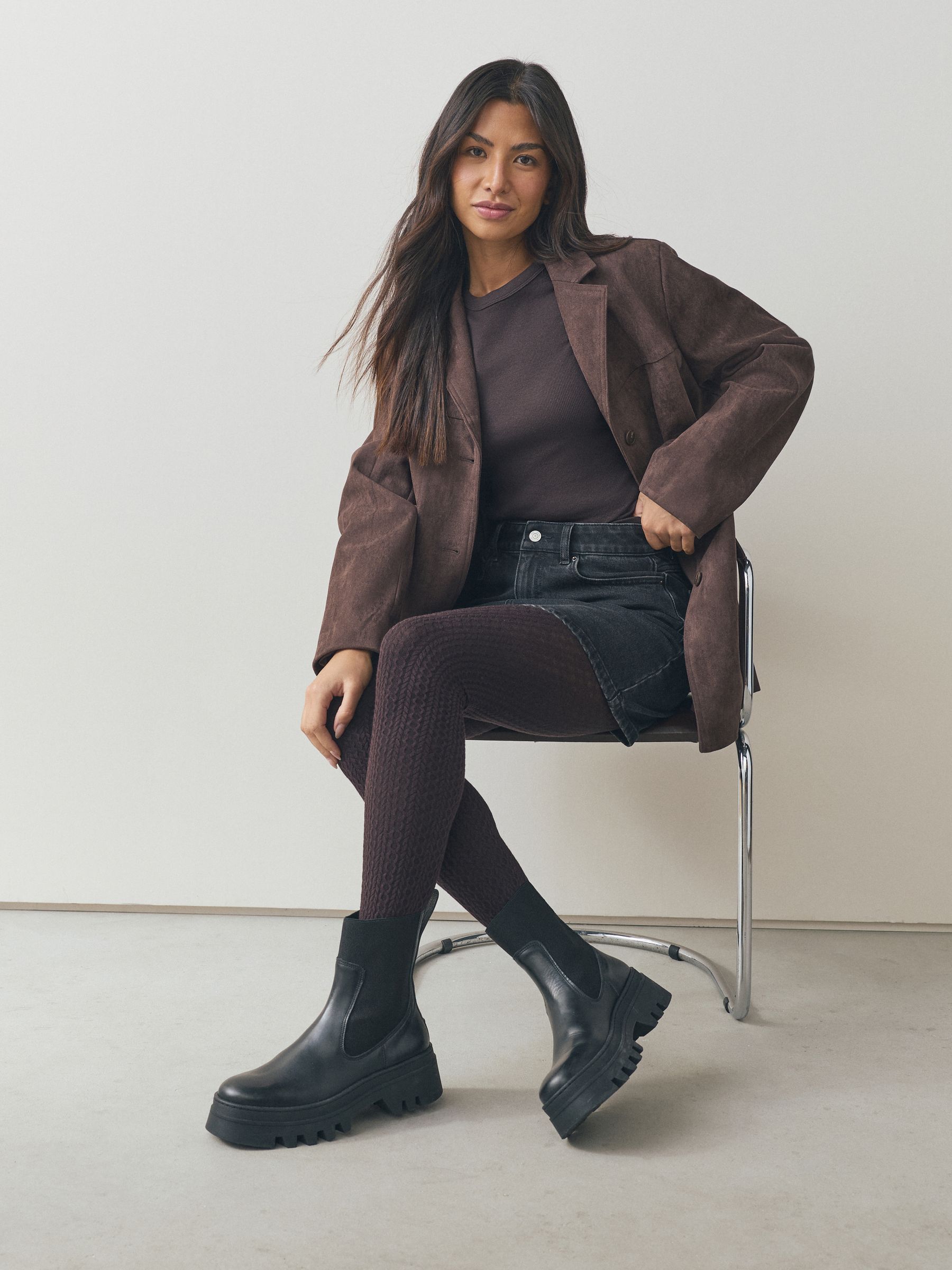 Chocoladebruin - Warm Handle Knitted Cable Tights 1 Pack