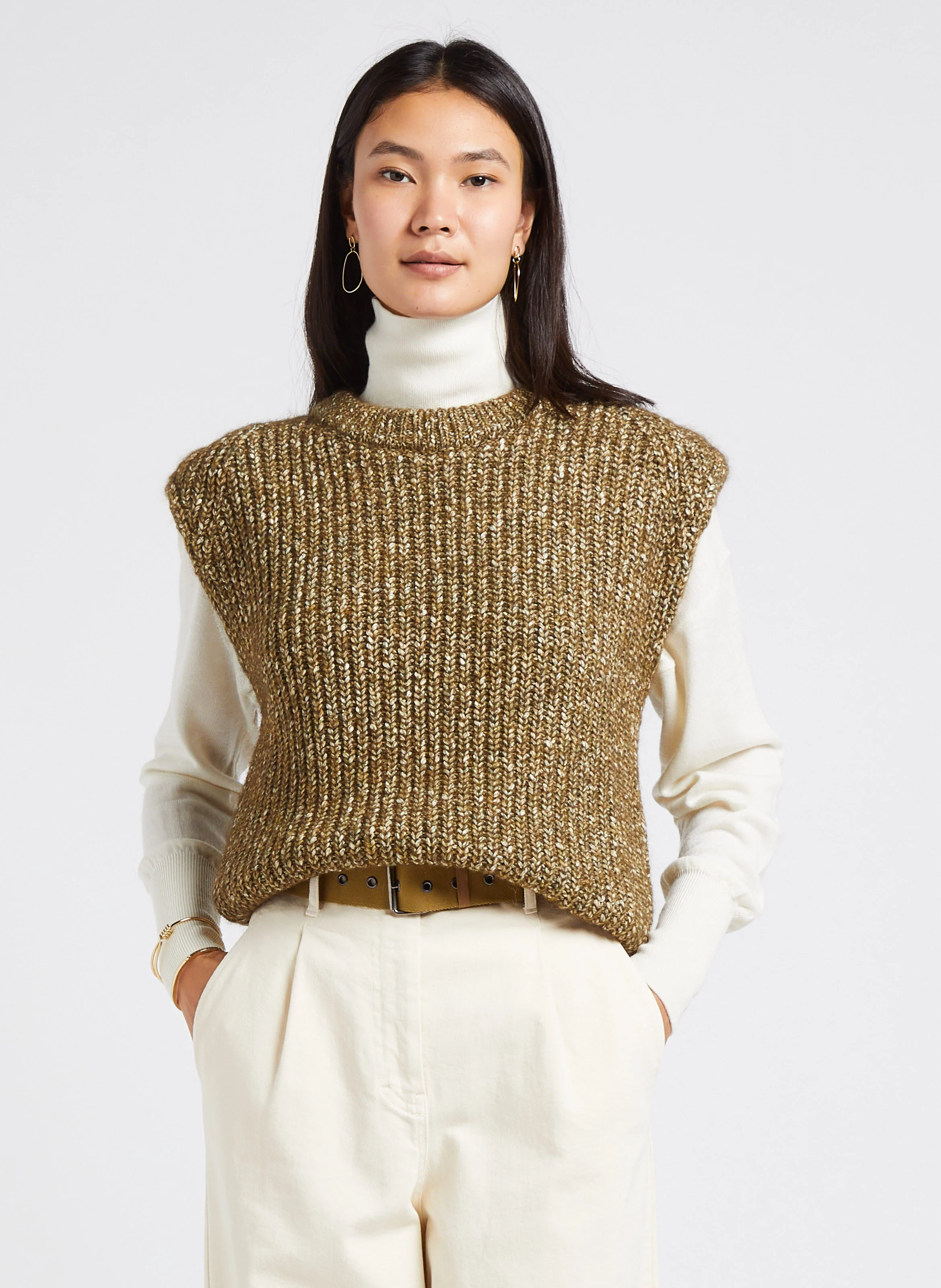 KENDRA - Pull col rond en coton et en laine mélangés | Kaki