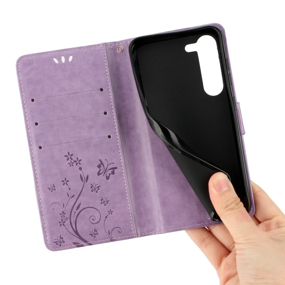 Samsung Galaxy S23 5G Leder Tasche mit Kartenfach   Handschlaufe Butterfly Flowers - Lila