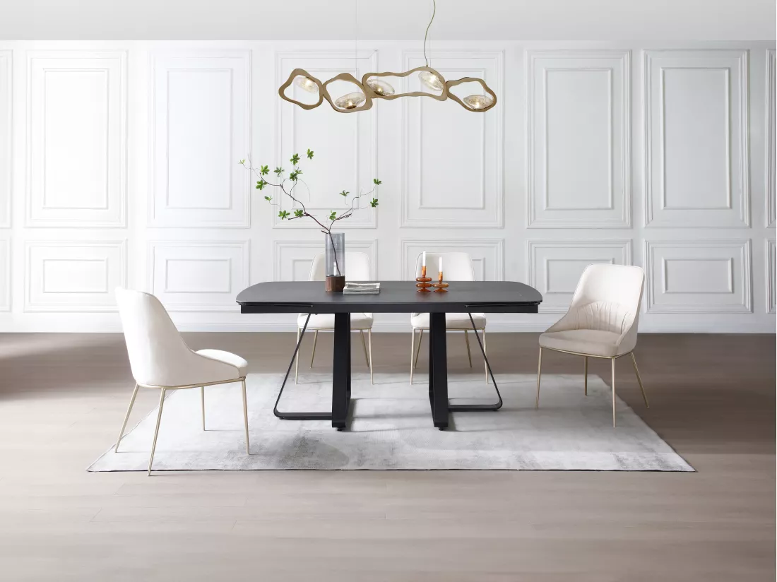 Table à manger extensible 6 à 10 personnes en verre trempé et céramique - Effet marbre noir - MARDONA