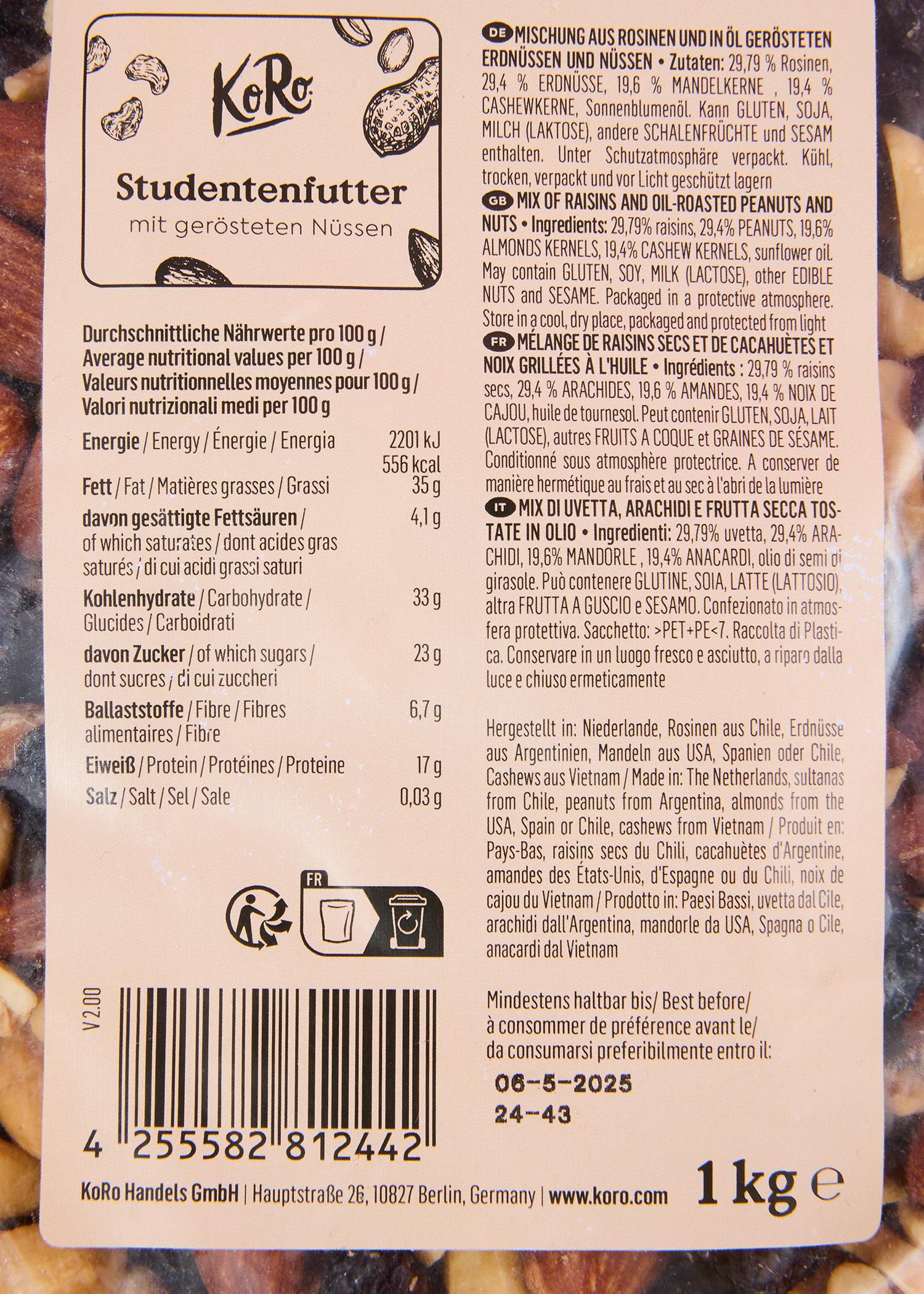 Studentenfutter mit gerösteten Nüssen 1 kg