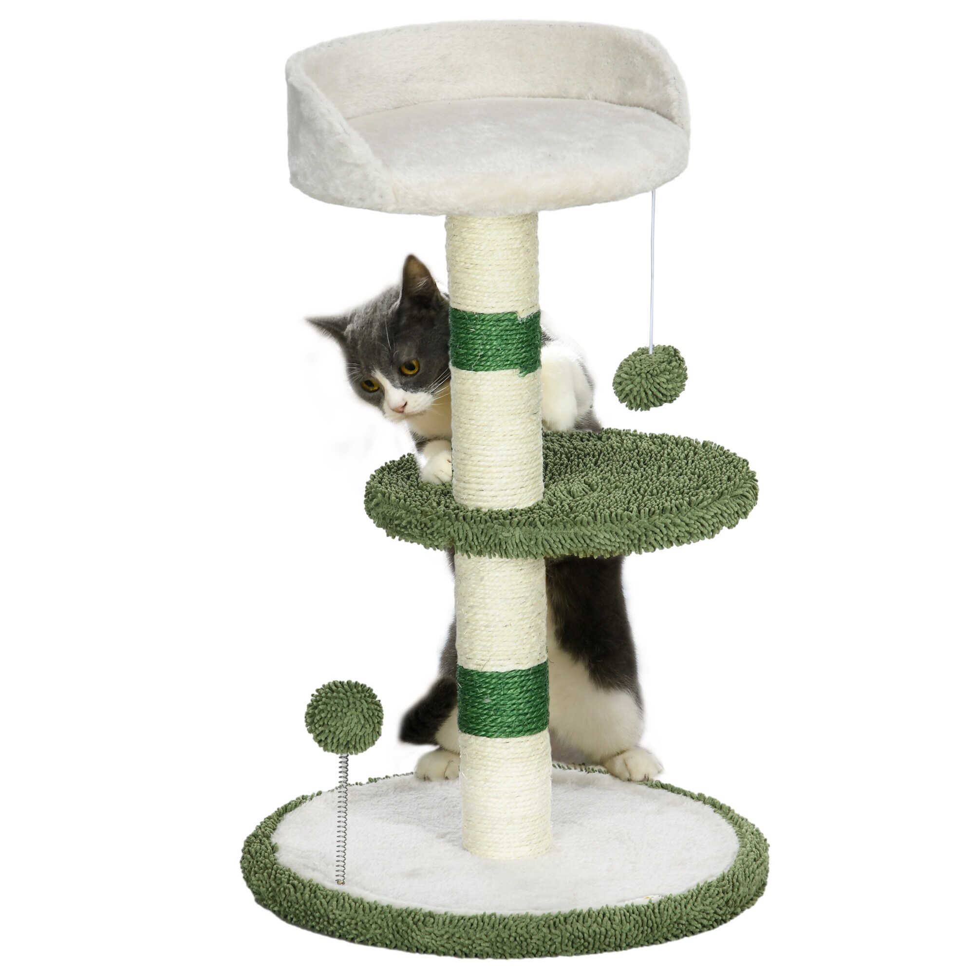 PawHut Kratzbaum mit2 Spielbällen und 2 Ebenen grün, weiß 40L x 40B x 64H cm