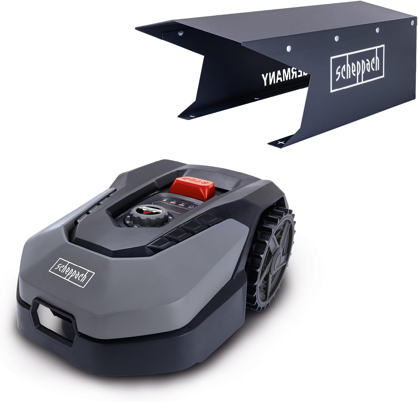 Scheppach Mähroboter RLM500W bis zu 500qm² - inkl. Robotergarage| 18cm Schnittbreite | 20-60 mm Schnitthöhe | Regensensor | WiFi & BT | App gesteuert | 35% Steigung