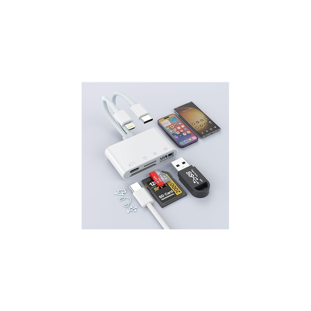 NÖRDIC USB-C, Lightning-kortleser 2 spor SD, MicroSD 1xUSB-A, 1xUSB-C UHS-I