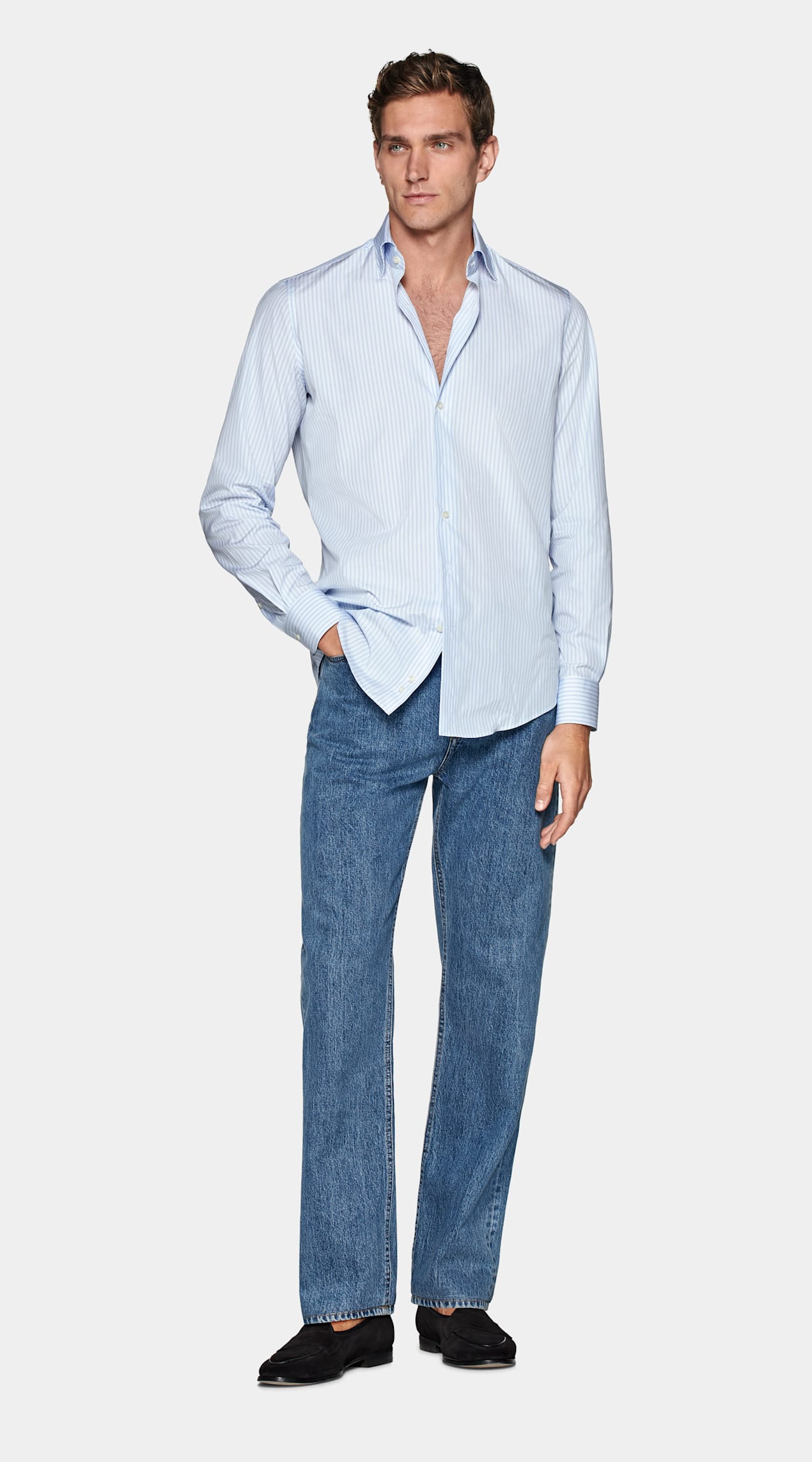 Chemise coupe ajustée en popeline bleu clair à rayures