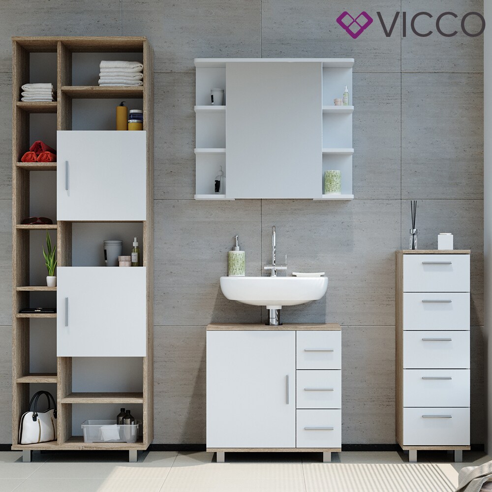 VICCO Badmöbel Set ILIAS Weiß Eiche Bad Spiegel Kommode Unterschrank Badschrank