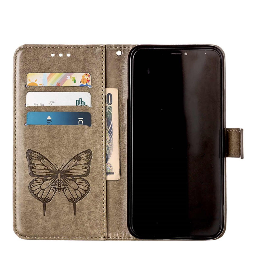 iPhone 13 Pro Leder Tasche mit Kartenfach   Handschlaufe Schmetterling / Blumen - Grau