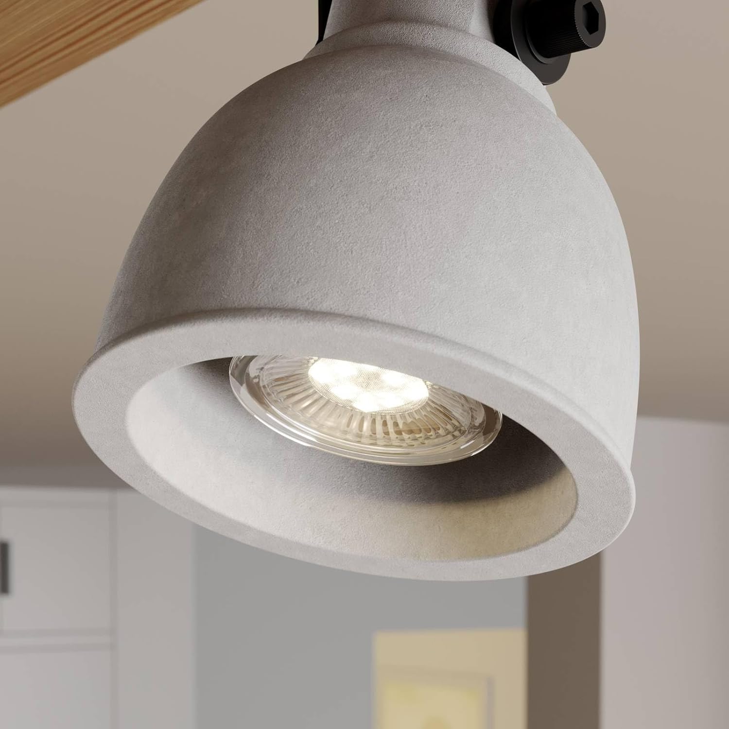 Lindby Deckenlampe Beton Kiefernholz, Deckenstrahler drehbar schwenkbar Spotbalken 4x GU10 ohne Leuchtmittel Strahler Spot Deckenleuchte Küche