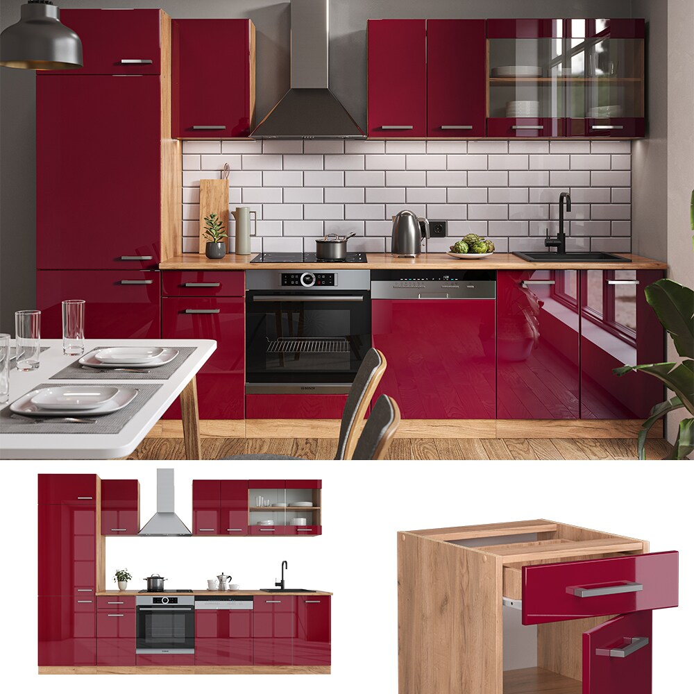Vicco Küchenzeile Küchenblock Einbauküche R-Line 300cm Kühlumbauschrank Bordeaux