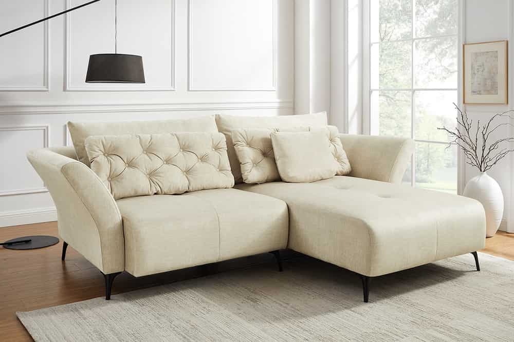 Modernes Ecksofa MARRAKESCH 265cm beige Samt 3-Sitzer inkl. Kissen Ottomane rechts