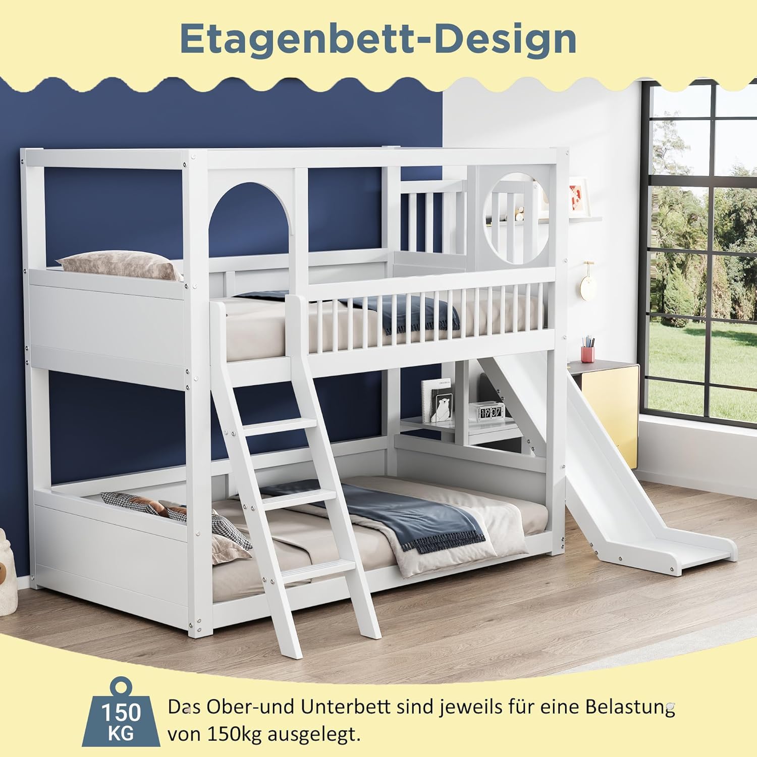 Merax Etagenbett 90x200cm mit Rutsche, Kinderbett mit Regal & Sicherheitsleiter, Hochbett mit Stauraum, für Jungen, Mädchen, Weiß (Ohne Matratze)