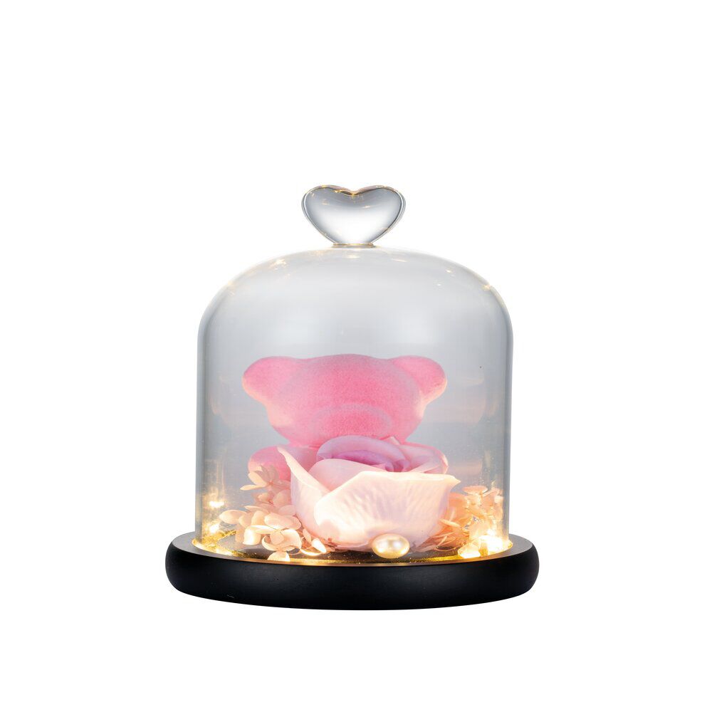 Ourson rose sous cloche en verre LED avec rose éternelle Ø12xH20cm