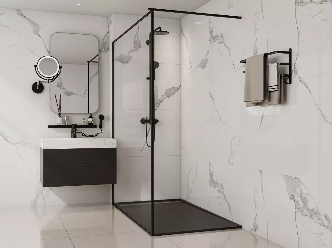 Receveur extra-plat à poser ou à encastrer découpable en résine SMC avec siphon - Noir - 160 x 90 cm - LYROSA