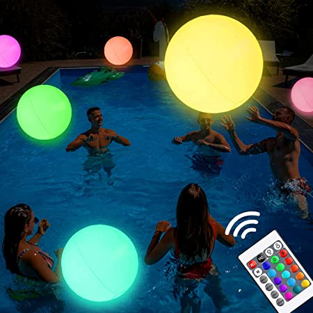 (Ø40cm) Aufblasbarer LED Wasser Ball Leuchtendes Bade Spielzeug mit Fernbedienung IP67 (inkl. CR2032 Batterien) - Weiss