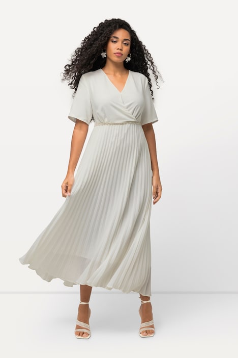 Maxikleid, Plissee, Wickeloptik, V-Ausschnitt, Halbarm