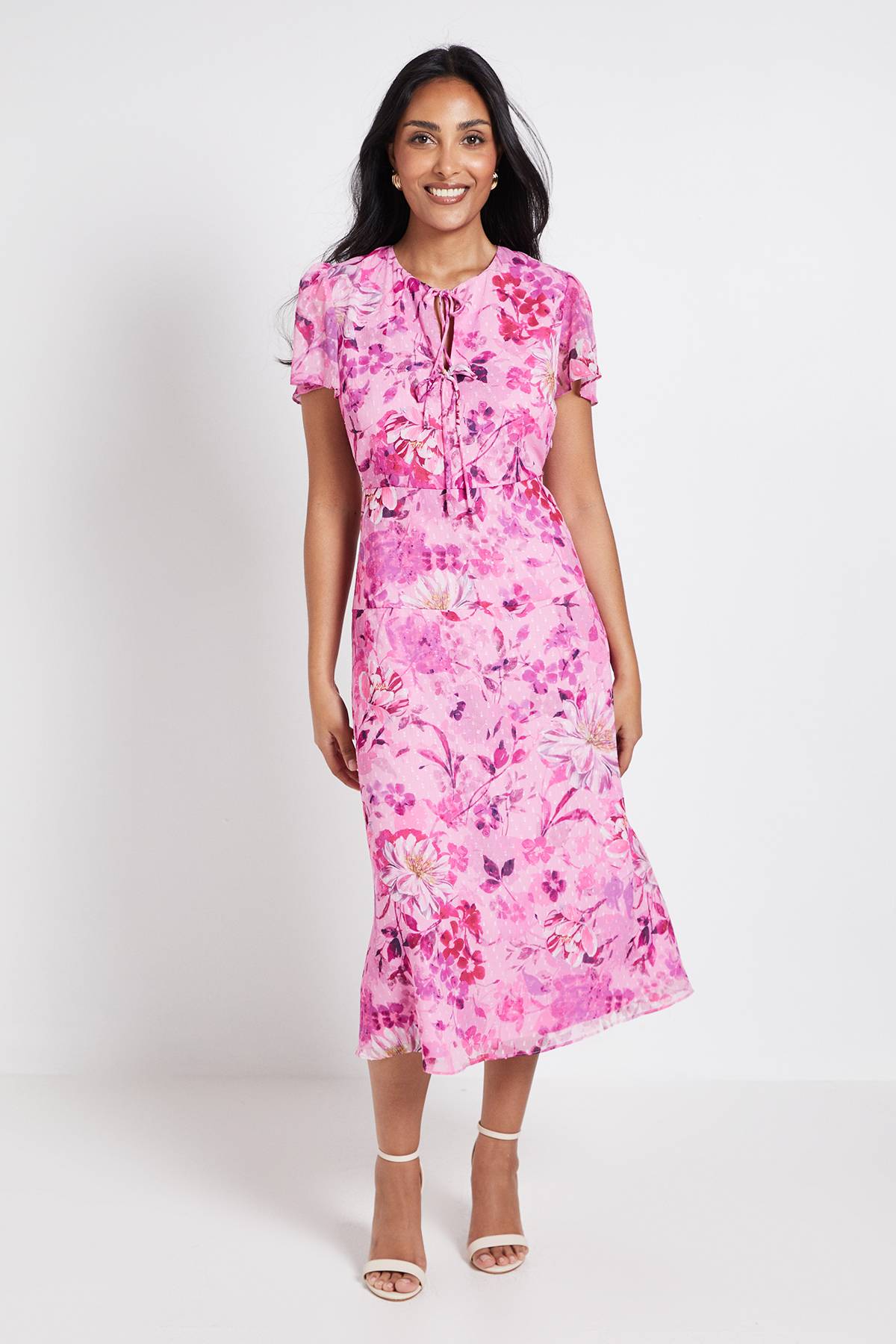 Wallis Robe Midi Petite À Motif Floral Dobby Avec Nœud Devant