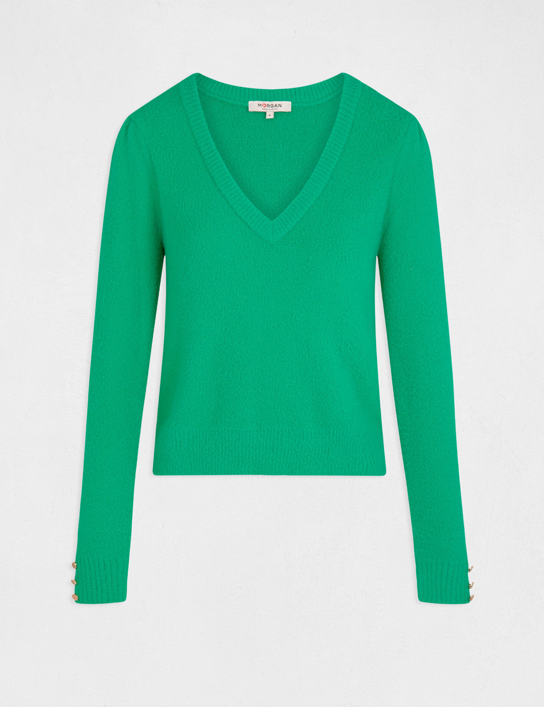 Pull manches longues avec col en V vert moyen femme - vert_moyen