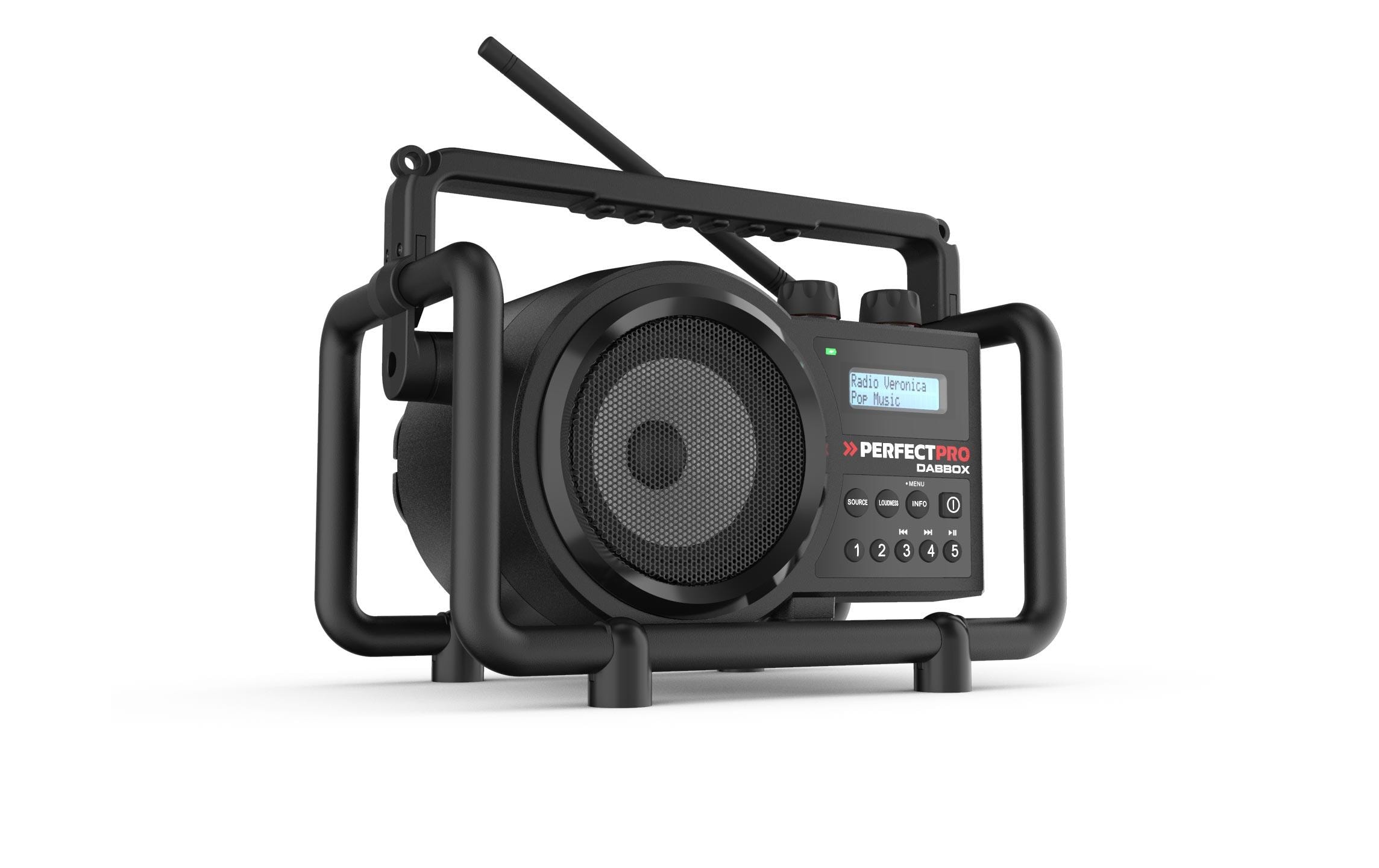 Baustellenradio DABBOX Schwarz<br>Der Klassiker: Warmer Klang aus einem extra grossen 5-Zoll-Lautsprecher, verfügt über modernste Technik
