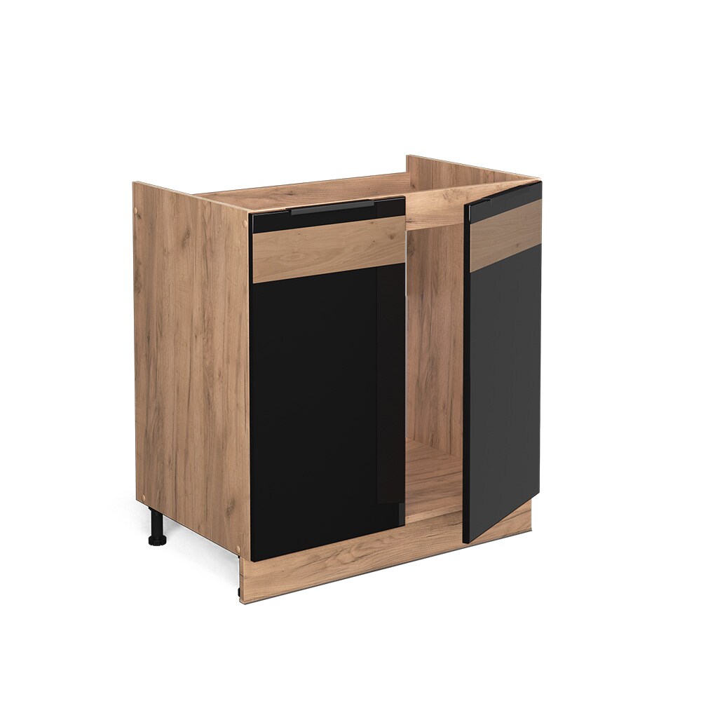 Vicco Spülenunterschrank Küchenschrank Küchenmöbel Fame-Line Eiche Schwarz 80 cm modern Hochglanz