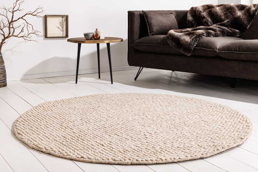 Design Teppich WOOL 150cm beige rund Wolle Handarbeit