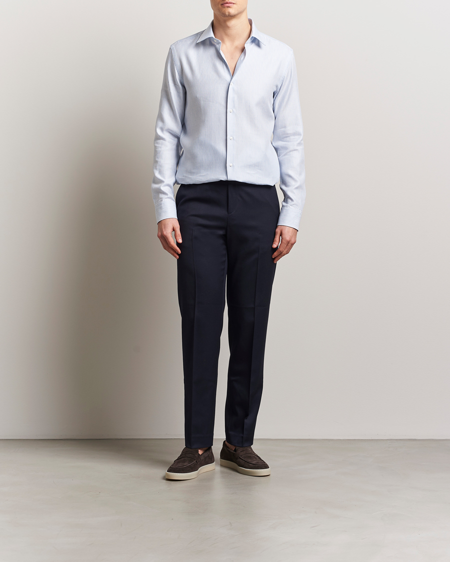 BOSS BLACK Hank Linen/Lyocell Striped Shirt Blue/White