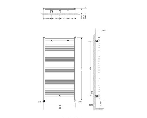 SCHULTE Turbo badkamerradiator 1135 x 600 mm mat zwart met middenaansluiting