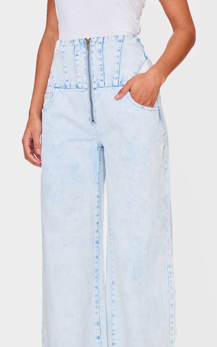 Light Blue Acid Wash Jean Taille Corset Détails De Coutures Délavage Acide